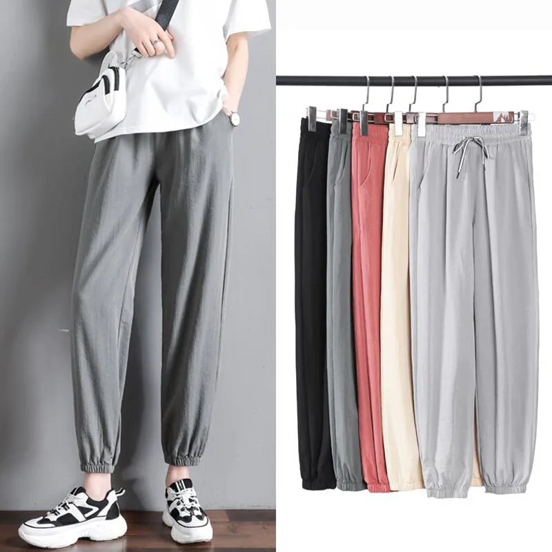 

Casual Harem Pants Women 2020 New Summer Gray High Waist Thin Loose Pants Ladies Solid Color Nine points Female Trousers