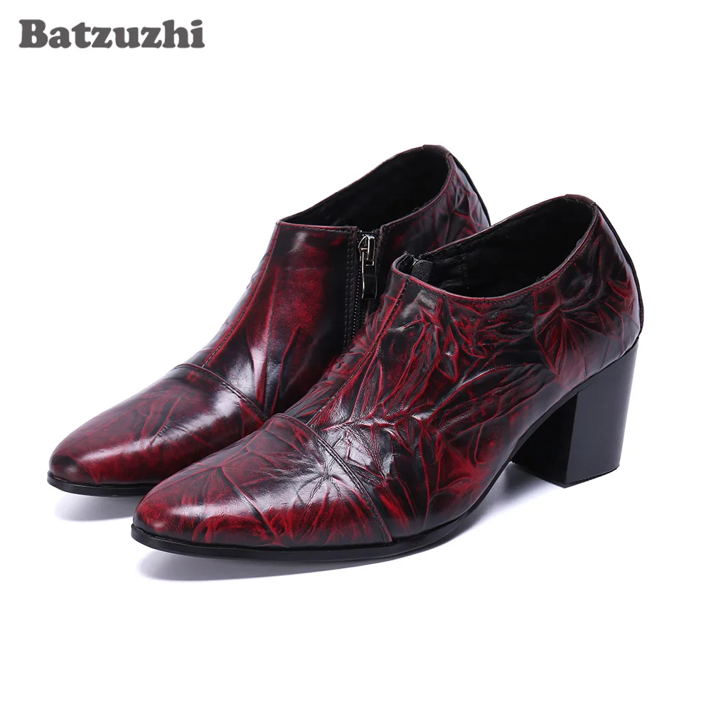 

Batzuzhi 7cm High Heel Botas Hombre Genuine Leather Ankle Boots Men Wine Red Party & Wedding Dress Boots Men, Big Size US6-12!