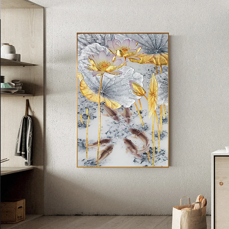 

Canvas Painting Abstract Gold Lotus Fishes Modern Poster Art New Chinese Style Decor Wall Pictures Living Room Decor