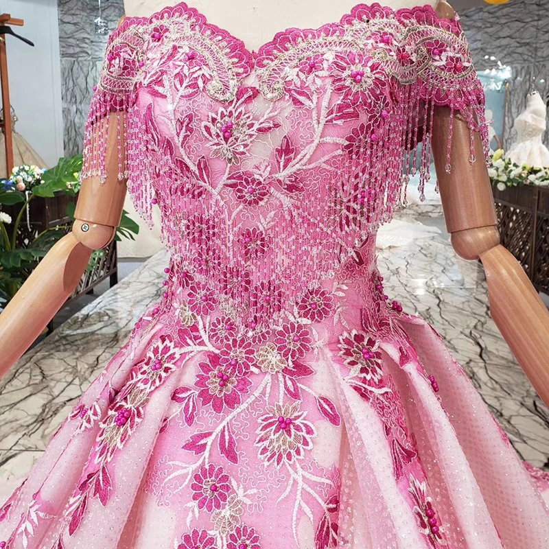 BGW 3230ht A-line Pink Evening Dress 2020 Flower Off The Shoulder Beaded Tassel Lace Up Back Lace Evening Formal Dress For Women