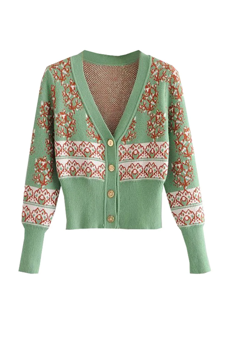 

French niche jacquard long sleeve V-neck slim cardigan top high waist short Sweater Girl