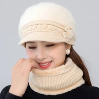 new women winter hat keep warm cap add fur lined hat and scarf set warm hats for female casual rabbit fur winter knitted hat