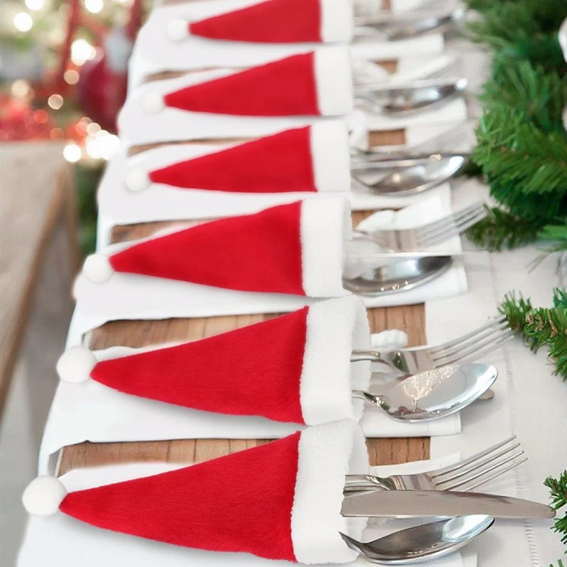 

10PC Tableware Holder Bag Christmas Hat 2020Christmas Decorations for Home Decoration Kitchen Tableware Ornaments Christmas Gift