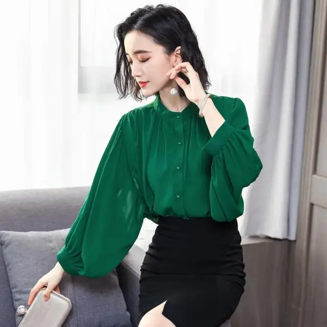 

Women 2021 Spring New Fashion Solid Color Chiffon Shirts Female Single Breasted Loose Blouses Ladies O-neck Casual Shirts Q324