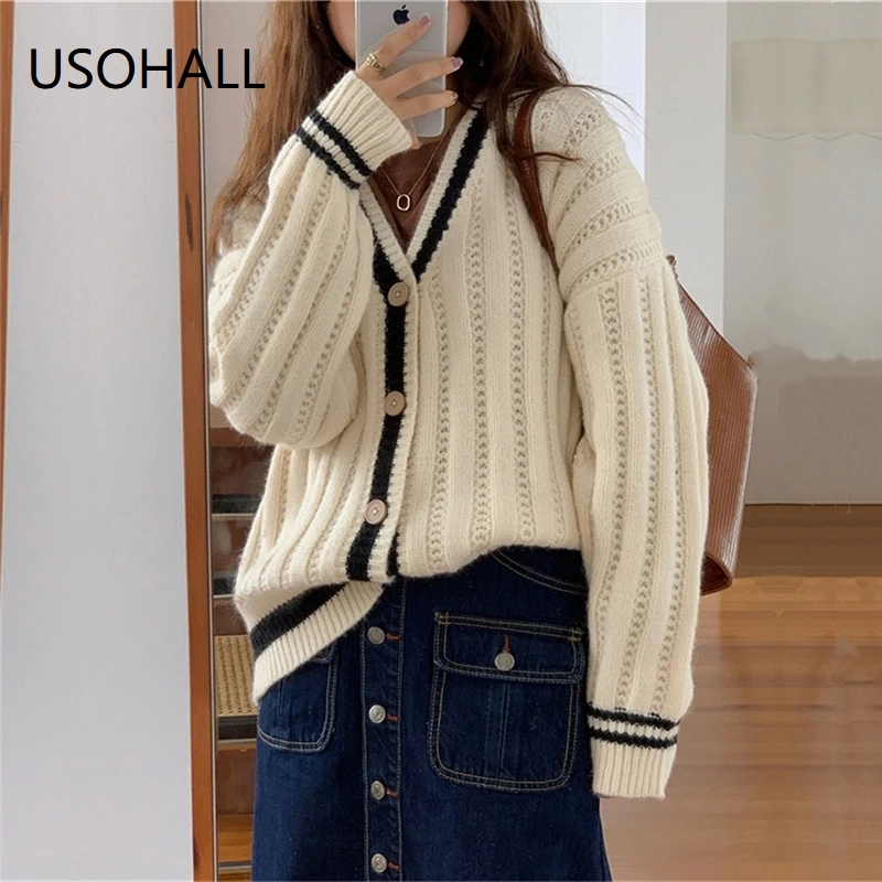 

USOHALL Autumn Winter Fashion Casual V-Neck Patchwork Sweater Woman Cardigan Knitted Sweaters Coat