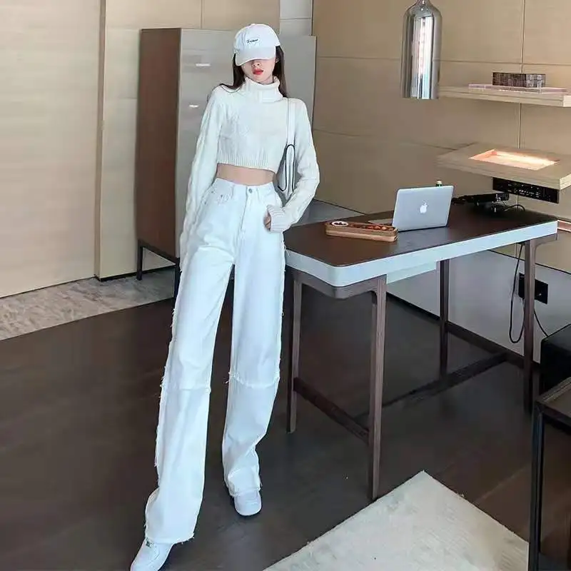 

Ladies pants high waist jeans wide leg jeans Traf women 2021pantalones de mujer denim overalls ladies straight denim trouse