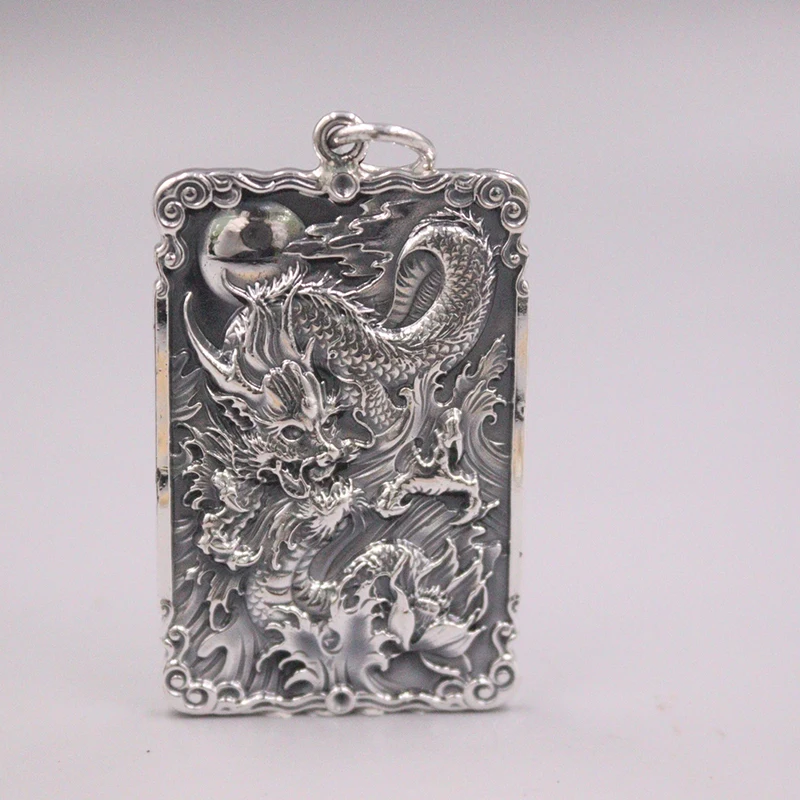 

Real 999 Silver Pendant For Men Women Vintage Dragon Play Ball Bead Heart Sutra Square Plate Silver Pendant Wheat Chain 20inchL