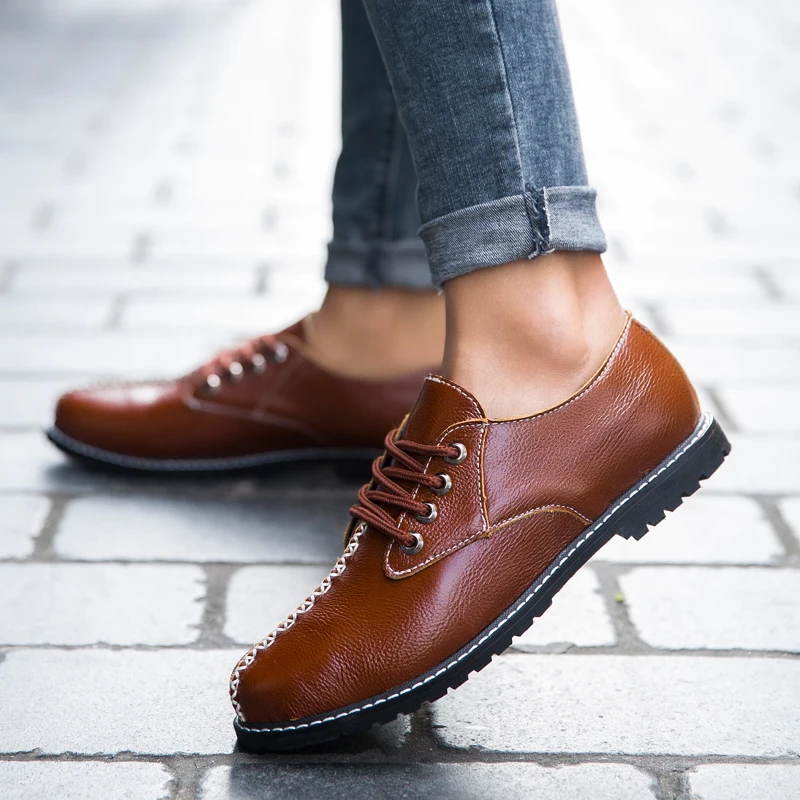 Мужские повседневные кожаные туфли коричневые оксфорды из коровьего спилка на