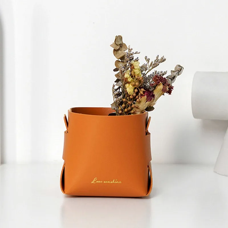 

Leather Porch Key Storage Box Folding Entrance Cosmetics Stationery Sundry Basket Desktop Organizer Simulation Flower Baskets