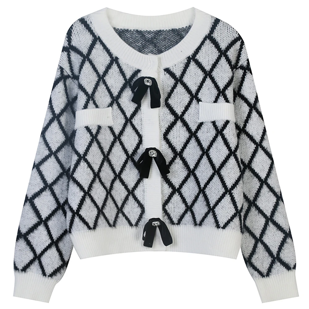 

Autumn Winter 2021 New Women's Round Neck Long Sleeve Contrast Stripe Rhombic Jacquard Loose Temperament Knitted Thick Cardigan