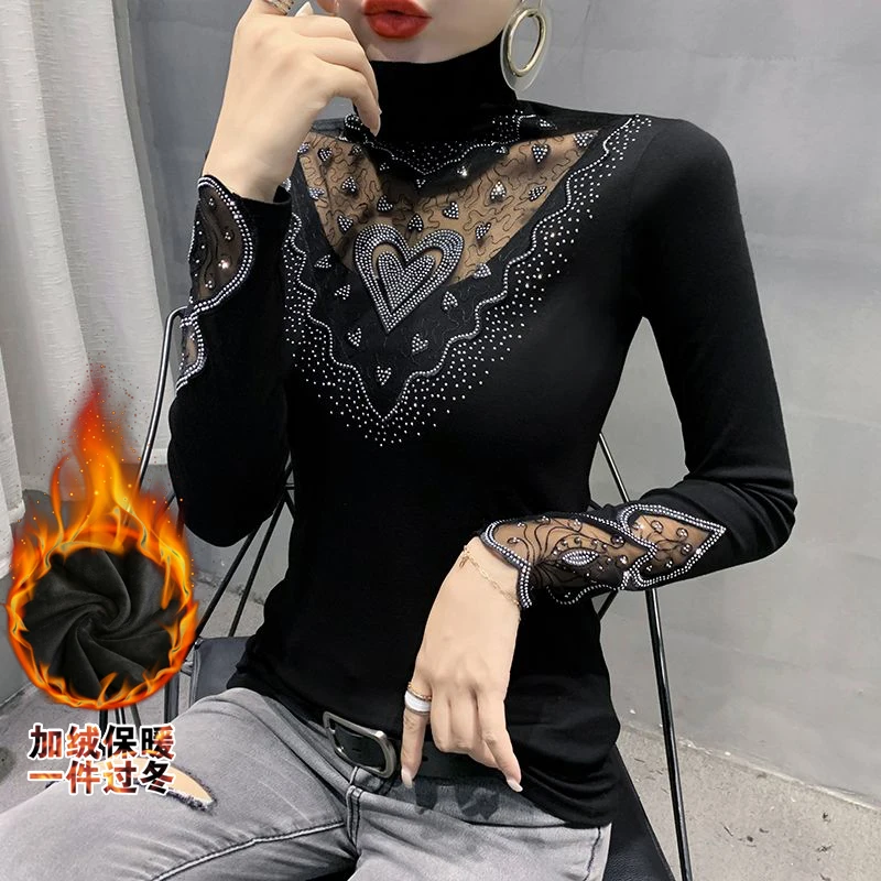 

New Autumn Winter Velvet Thick Women Tops Fashion Casual Turtleneck Long-Sleeved Hollow Out Mesh T-Shirt Plus Size Clothing