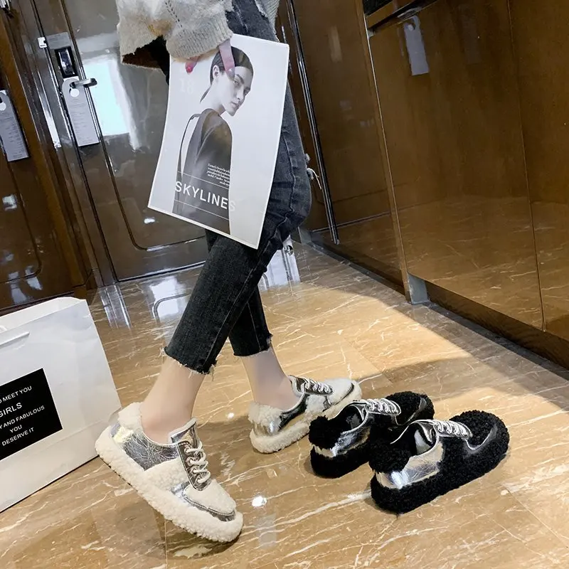 

Round Toe Women Shoes Autumn Modis Loafers Fur Shallow Mouth Female Footwear Casual Sneaker Wedge Basket 2021 Fall Cute New Dres