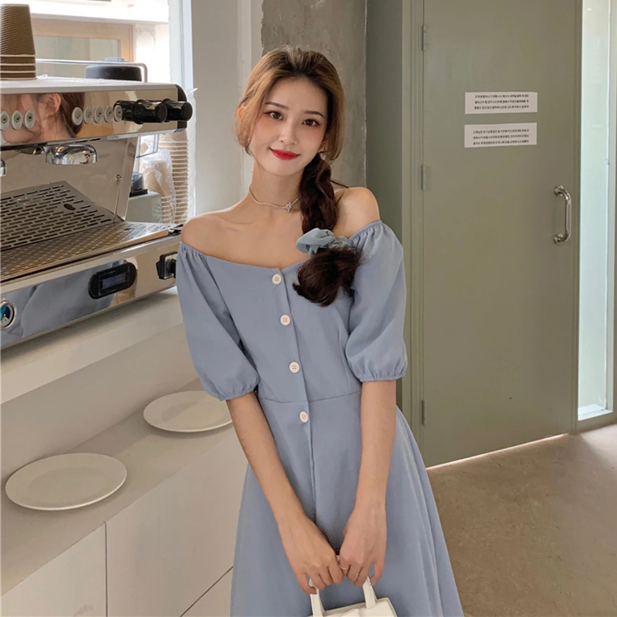 

2021 Korean Style Summer Women's Clothing Pure Color Square Neck Short Sleeve Single-Breasted High Waist Mini Dress Chic Skirts