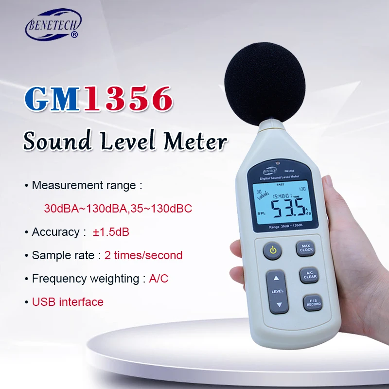 Цифровой измеритель уровня звука BENETECH USB тестер шума GM1356 30 130 дБ A/C