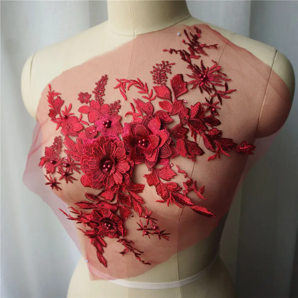 Бордовый кружевной ткани 3D цветок бисер Стразы вышитое свадебное платье
