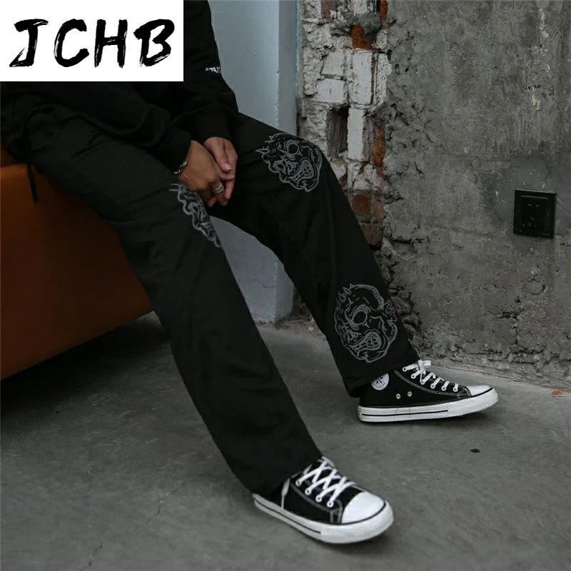 

2021 Summer Men's Wide Leg Pants Sports Casual Trousers Korean Fashion Ins Dark Style Retro Skull Student Loose Straight Pants