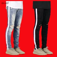 eh%c2%b7md%c2%ae white long striped jeans mens zipper hole ripped pencil pants high stretch slim reflective comfortable breathable 2020
