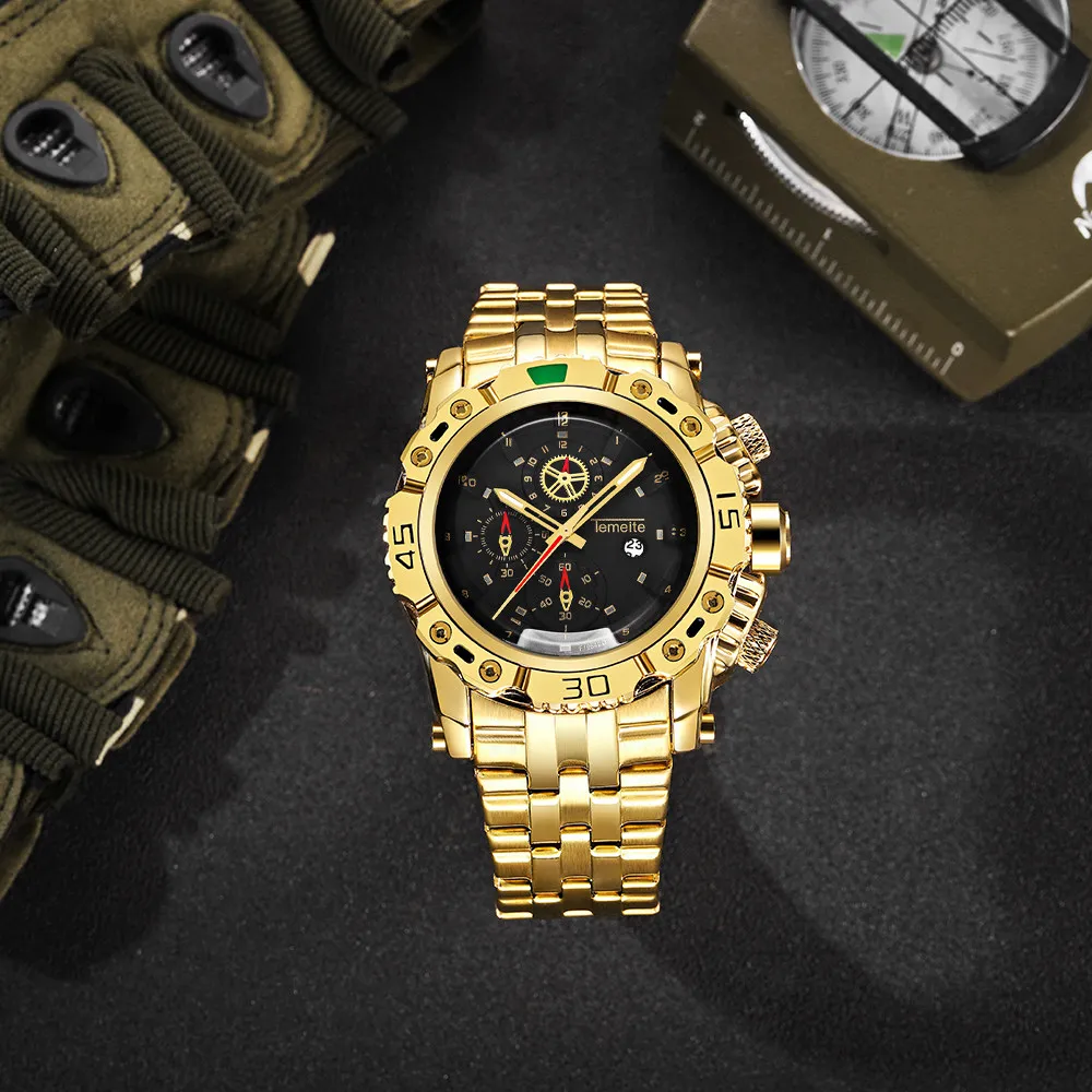TEMEITE золотые водонепроницаемые кварцевые наручные часы для мужчин из