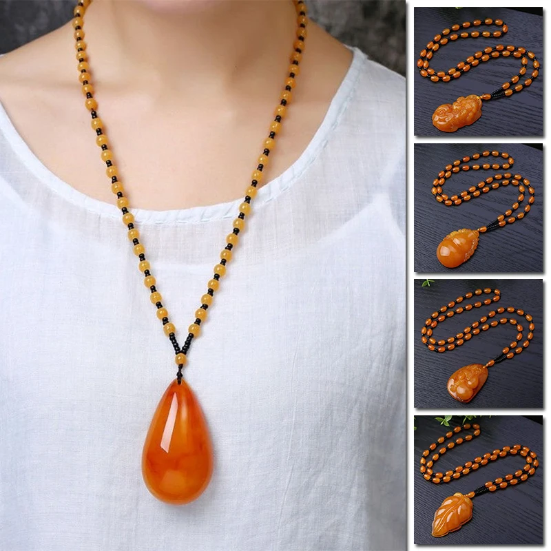 Новинка Янтарное ожерелье с подвеской капли воды цветы тыква листья женские
