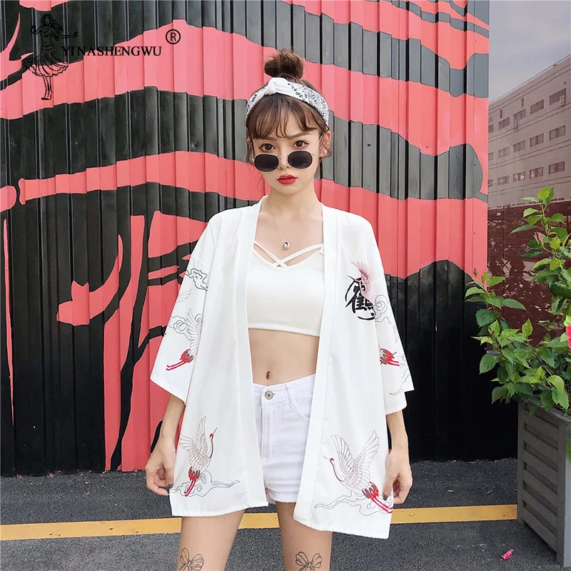 Yukata, женская блузка с поясом, новая мода, кимоно, блузка, японский веер, принт, женская рубашка, летняя, солнцезащитная, топы, Япония, кимоно, для женщин