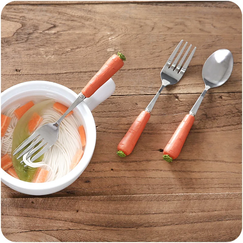 Набор столовых приборов Cartoon Stainless Steel Spoon Fork Cutlery Set Cute Children Tableware Rabbit Carrot Sets
