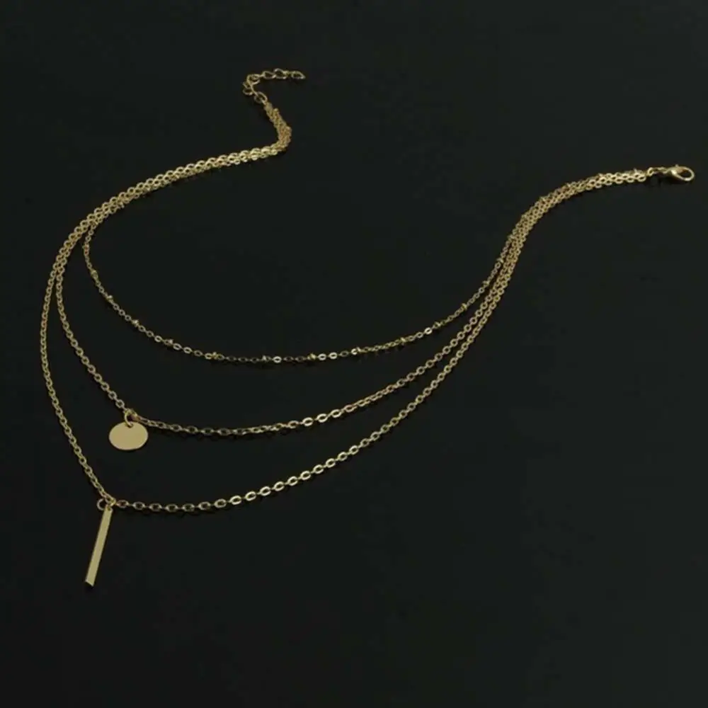 

80% Hot Sale Fashion Women Necklace 3 Layer Bar Round Pendant Long Chain Necklace Party Jewelry Gift
