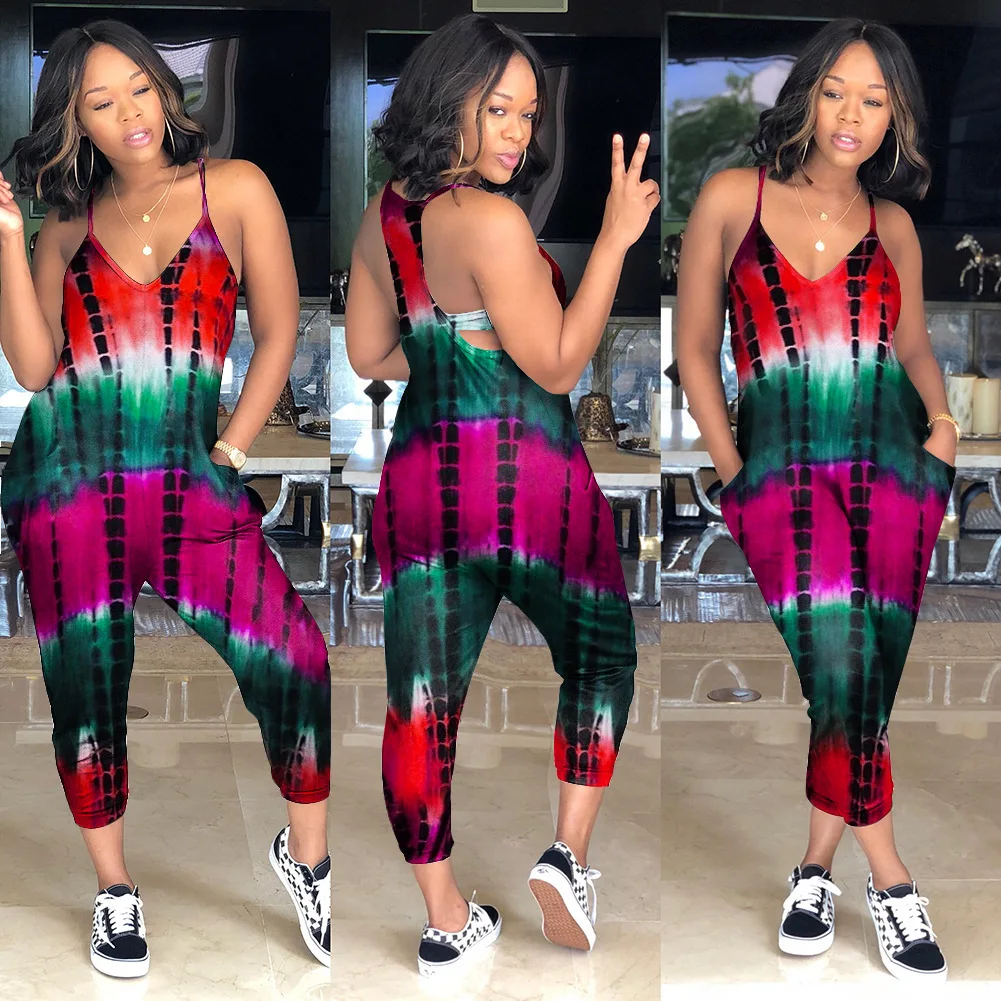 

Donsignet Fashion Women's Jumpsuit New Summer Casual V-neck Pullover Strapless Hollow Printed Sling Jumpsuit Trousers