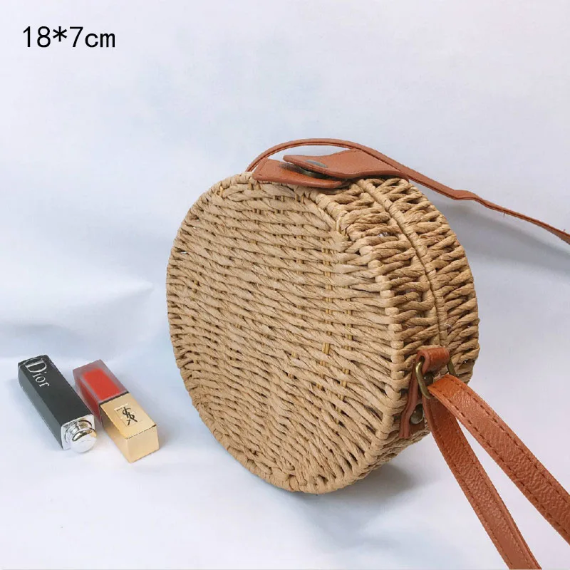 BT719Brown Круглая женская летняя пляжная соломенная сумка ручной работы, тканая маленькая ротанговая круглая сумка через плечо, Богемская Сумочка, Женская Новая мода - Цвет: BT719Brown