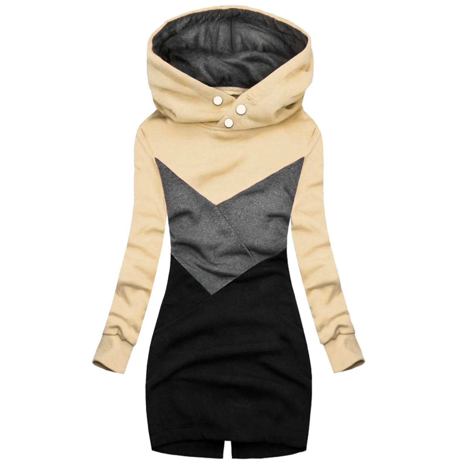 

Women Autumn Winter Stitching Pullover Round Neck Button Hoodie Sweater Coat