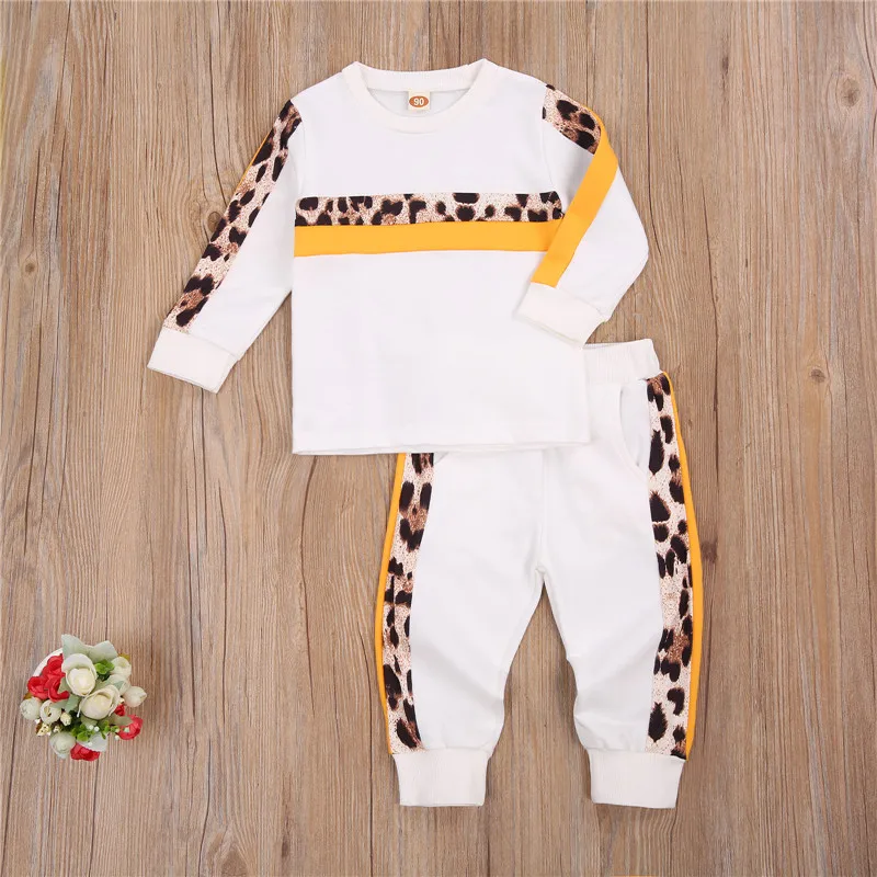 

Newborn Baby Boy Girl Sets Long Sleeve T shirt Tops Pants Clothes Outfits Set Top+Pants Leopard Printed Splice Children Clothing