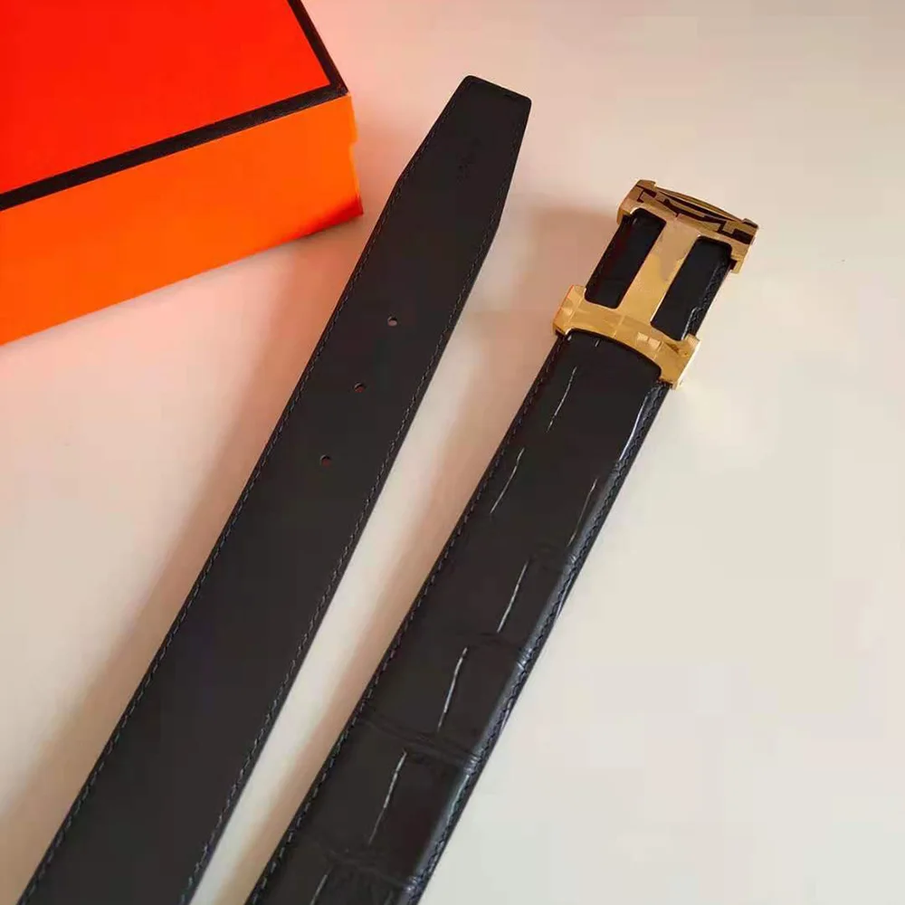 

Top 3.8Cm Genuine Leather Adjustable Black Belts For Men Jeans Fashion Luxury Classic Brand Designer Belt Gifts Box