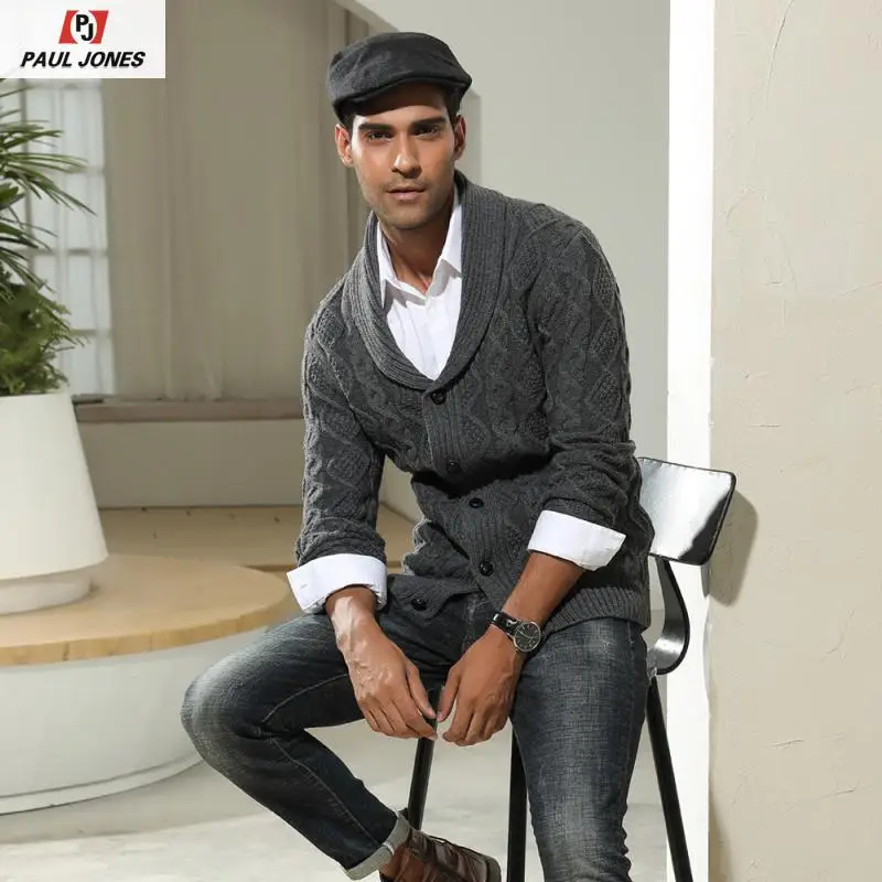 Мужской повседневный трикотажный кардиган PAUL JONES шаль свитер с отворотом и