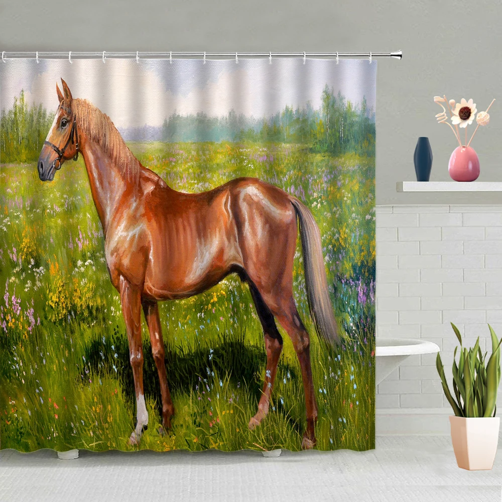 

Shower Curtain Horse Goat Elk Bird Animal Mountain Stone Grassland Flower Tree Forest Snow Background Decoration With Hooks Set