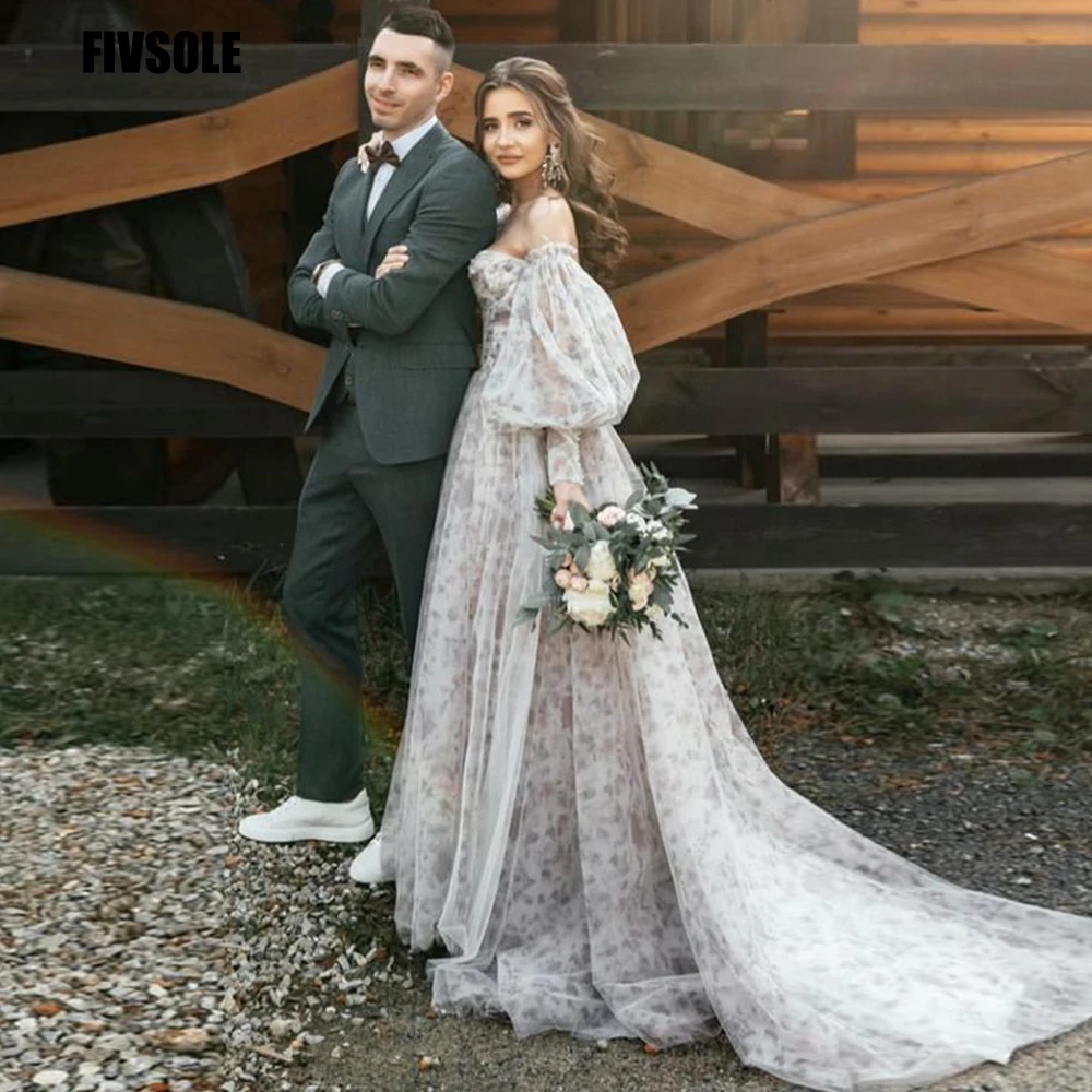 

Fivsole Длинные Цветочные трапециевидные свадебные платья 2022 с пышными рукавами трапециевидные возлюбленные пляжные вечерние бальные платья ...