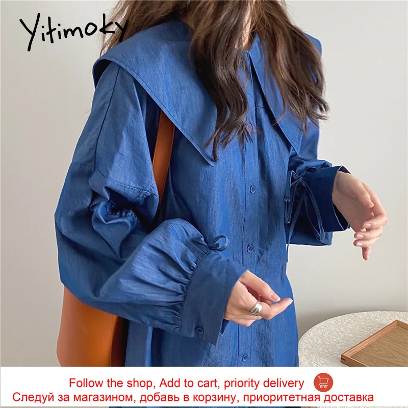 

Yitimoky Dresses Women Long Sleeve Draw String Belt Flods Peter Pan Collar Loose Waist Party Casual New Summer 2021 Fashion