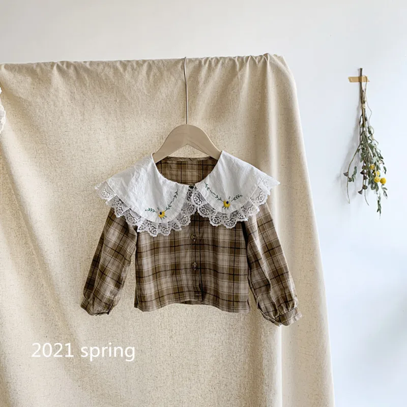 

Baby Girls Blouse Kids Cotton Plaid T-Shirt Children Embroidery Floral Peter Pan Collar Tops Vintage Toddler Long Sleeves Shirts