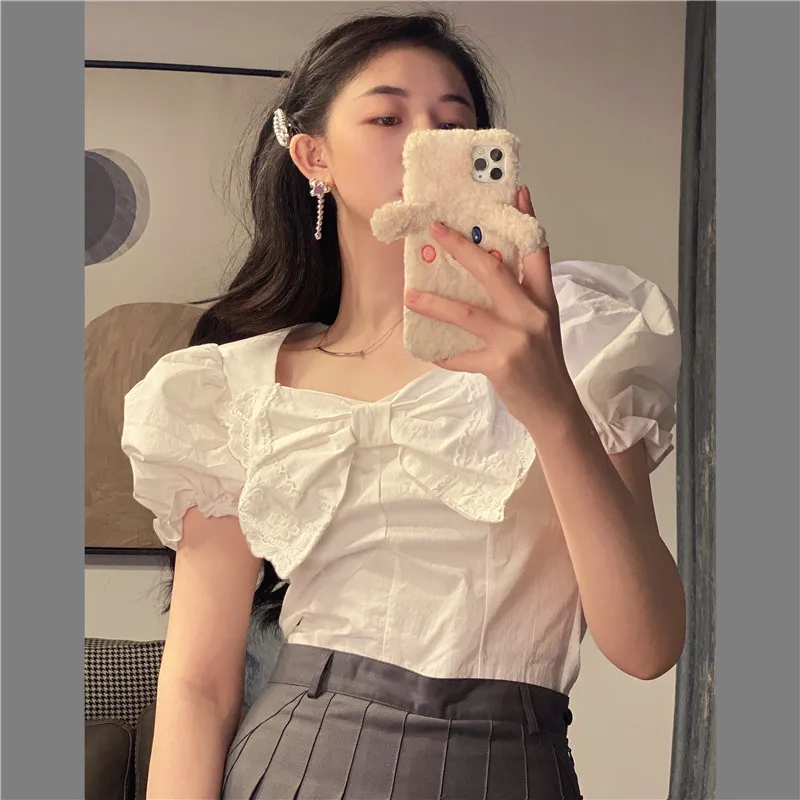 

ZAWAHIKI Puff Sleeve Blouses Women Tops Solid Bow Square Neck Short Sexy Blusas Mujer Korean 2021 Summer Shirts Sweet Retro