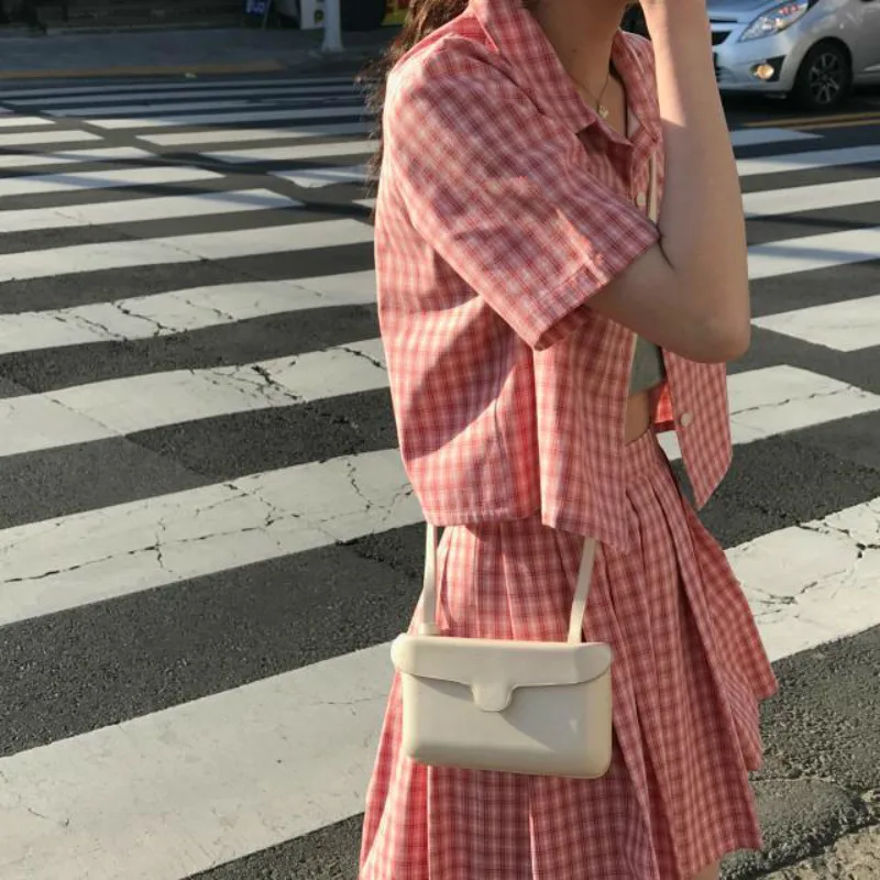 

Summer Women Sets Harajuku Preppy Style Short Sleeve Plaid Shirt +Pleat Skirt Cute Skirt Set Kawaii Vintage Girl Suits Pink