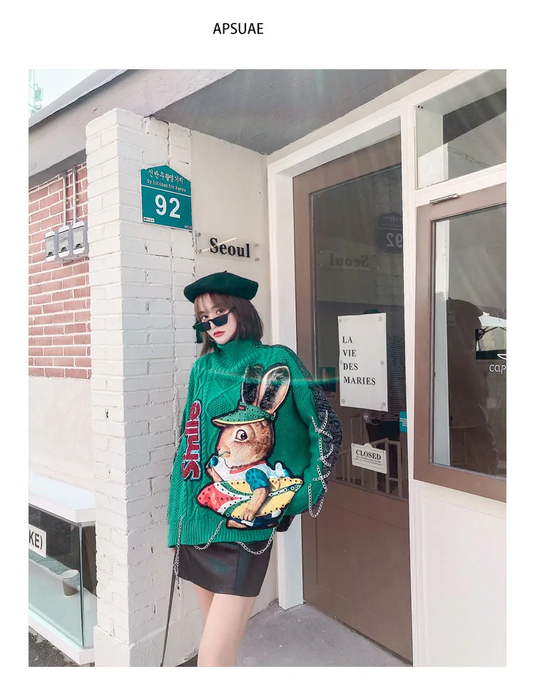 

Vefadisa Cartoon Print Patchwork Sweater Women 2021 Spring Chain Decoration Pullover Coat Stitching Color Knitted Coat QYF4815