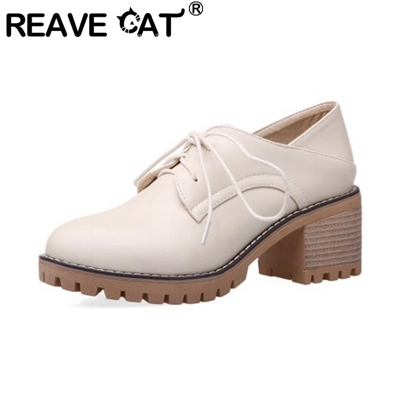 

REAVE CAT 2021 Retro Ladies Pumps Platforms Stepped On Lace Up Breathable Round Toe 5CM Chunky Heel Shoes US12 Black Beige A4399