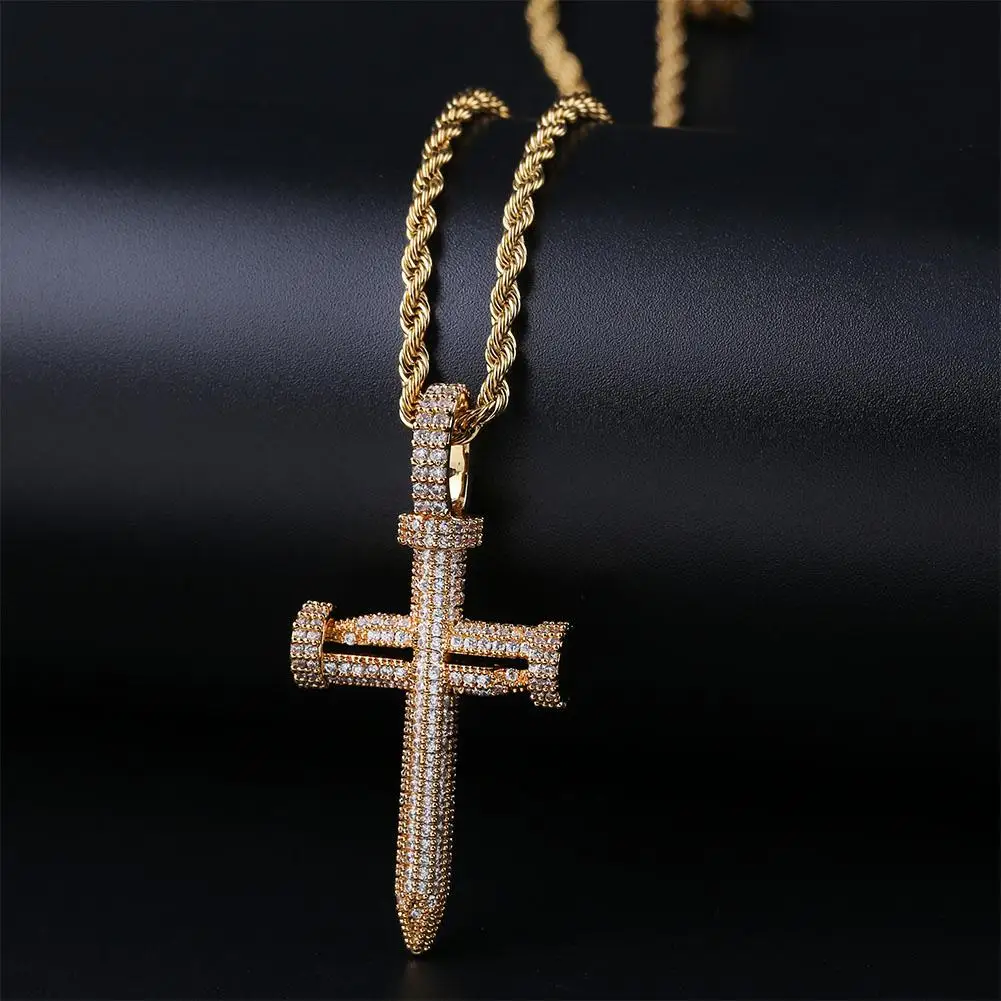

Hip Hop Jewelry Iced Out Bling Nail Cross Pendant Necklace Micro Paved AAA CZ Gold Silver Color Charm Chains Gift for Party