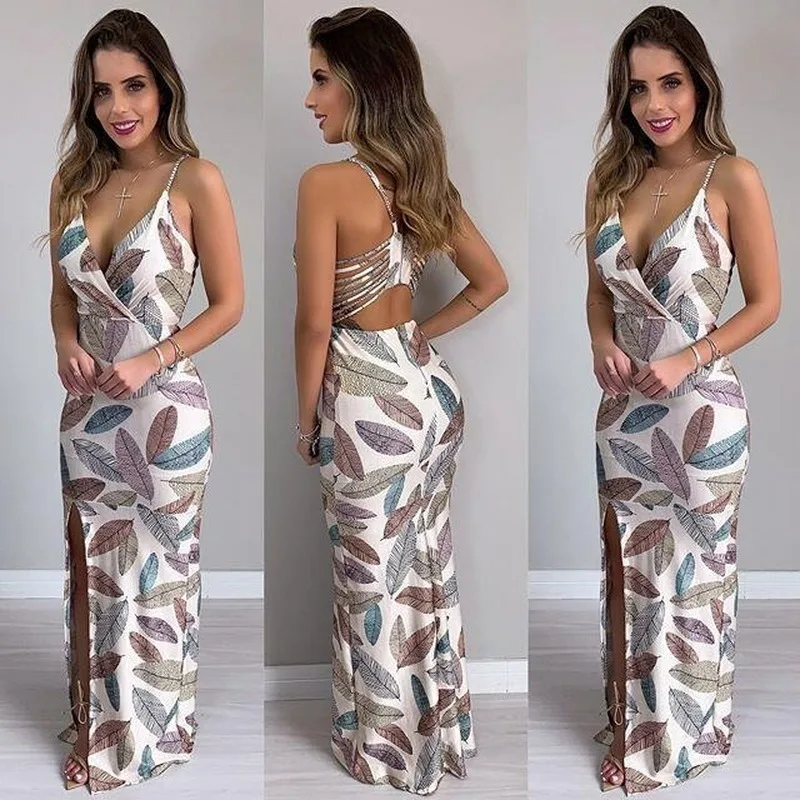 

2021 ladies summer new sexy women's floral sleeveless camisole long skirt evening beach slit split club dress