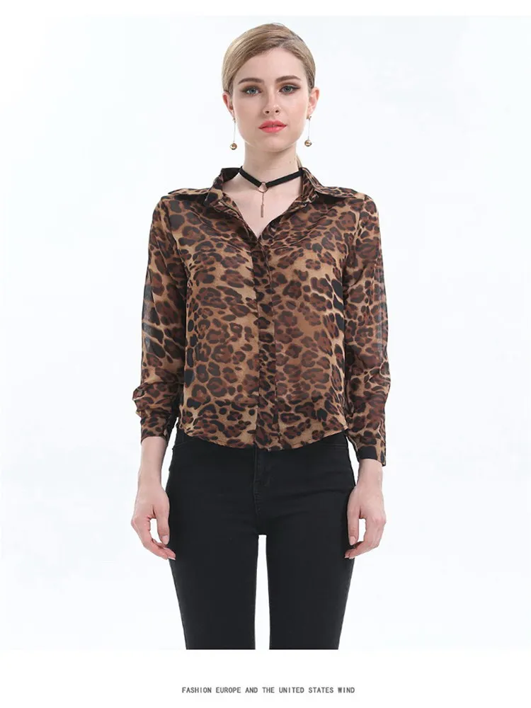 

Spring Autumn women's new fashion leopard pattern loose-fitting sexy wild chiffon long-sleeved blouse female JR8512