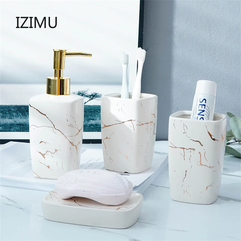 

IZIMU Luxury Ceramic Bathroom Accessory Set Marble Soap Dispenser Pump Bottle Home Couple Mouthwash Cup Soap Dish Washing Tools