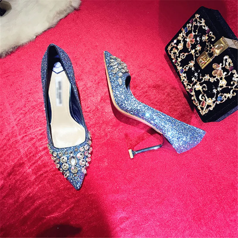 

Pumps Women Wedding Shoes Crystal Glitter Pumps Sexy High Heels 8cm Silver Blue Fashion Bridal Shoes Ladies Party Office Shoes