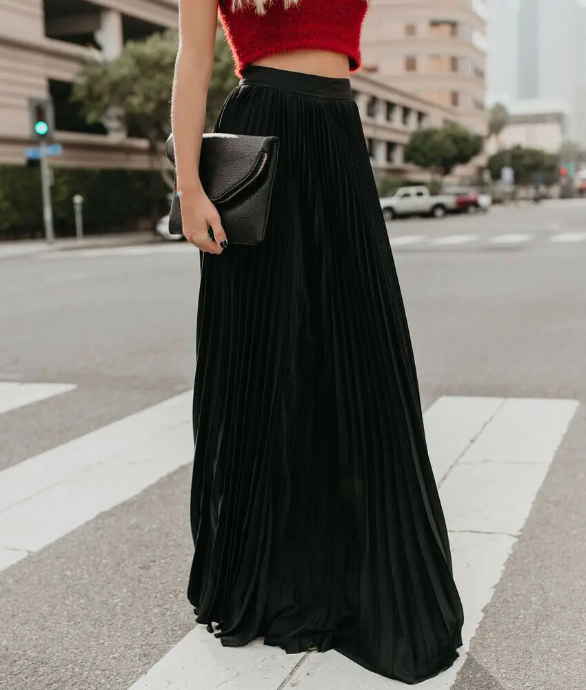 

Fashion Women's High Waist Pleated Chiffon Long Maxi Skirt Full Length Solid Color Summer Swing Casual Skirts