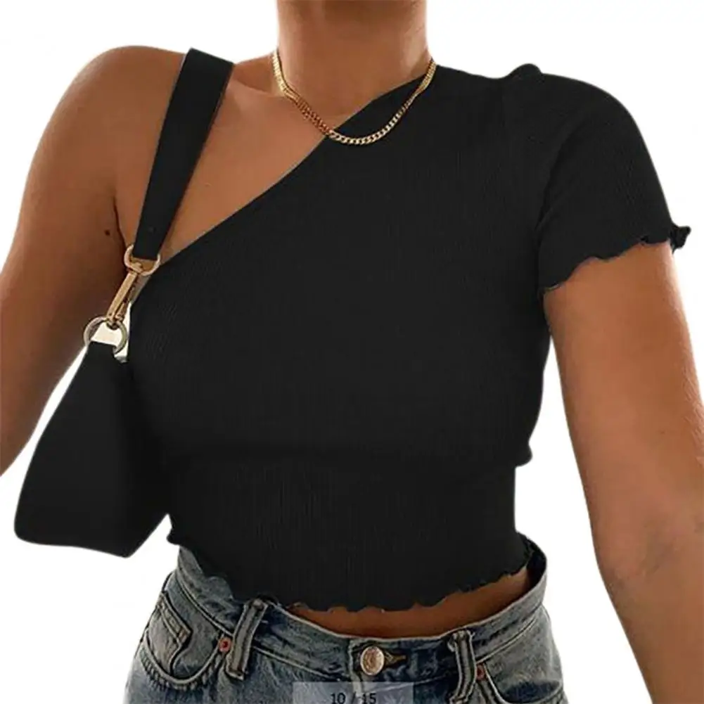 

2021 Summer New Women Sexy Blouse Short Sleeve Skin-friendly Solid Color One Shoulder Tops for Casual Base Daily Shirt