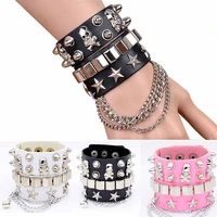 black leather wristband bracelet cuff goth gothic bar punk bracelets women men armbands cosplay can be adjusted jewelry