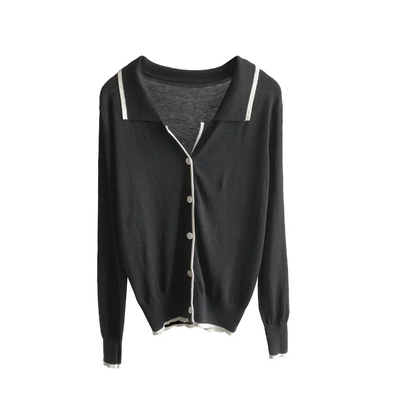 

Khaki Knitted Polo's Neck T-shirt 2021 Autumn Women's Solid Color Long Sleeve Thin Black Single Breasted Bottom Shirt