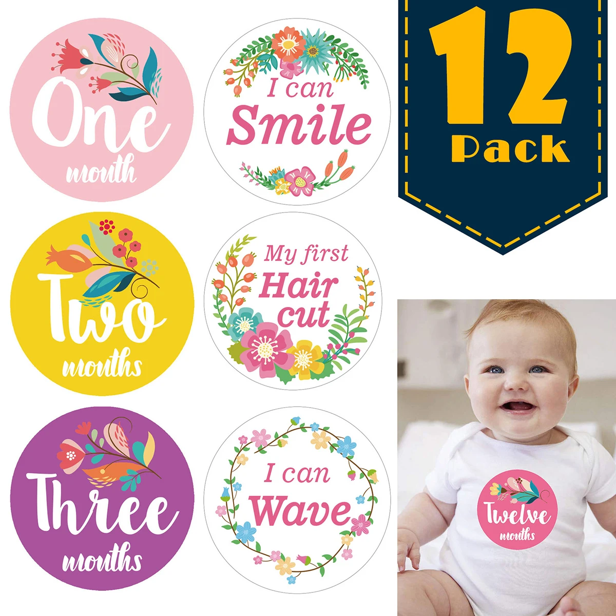 

Hot sale 12pcs Floral Print For Memory Baby Pregnant Women Monthly Photograph Sticker Fun Month 1-12 Milestone Stickers